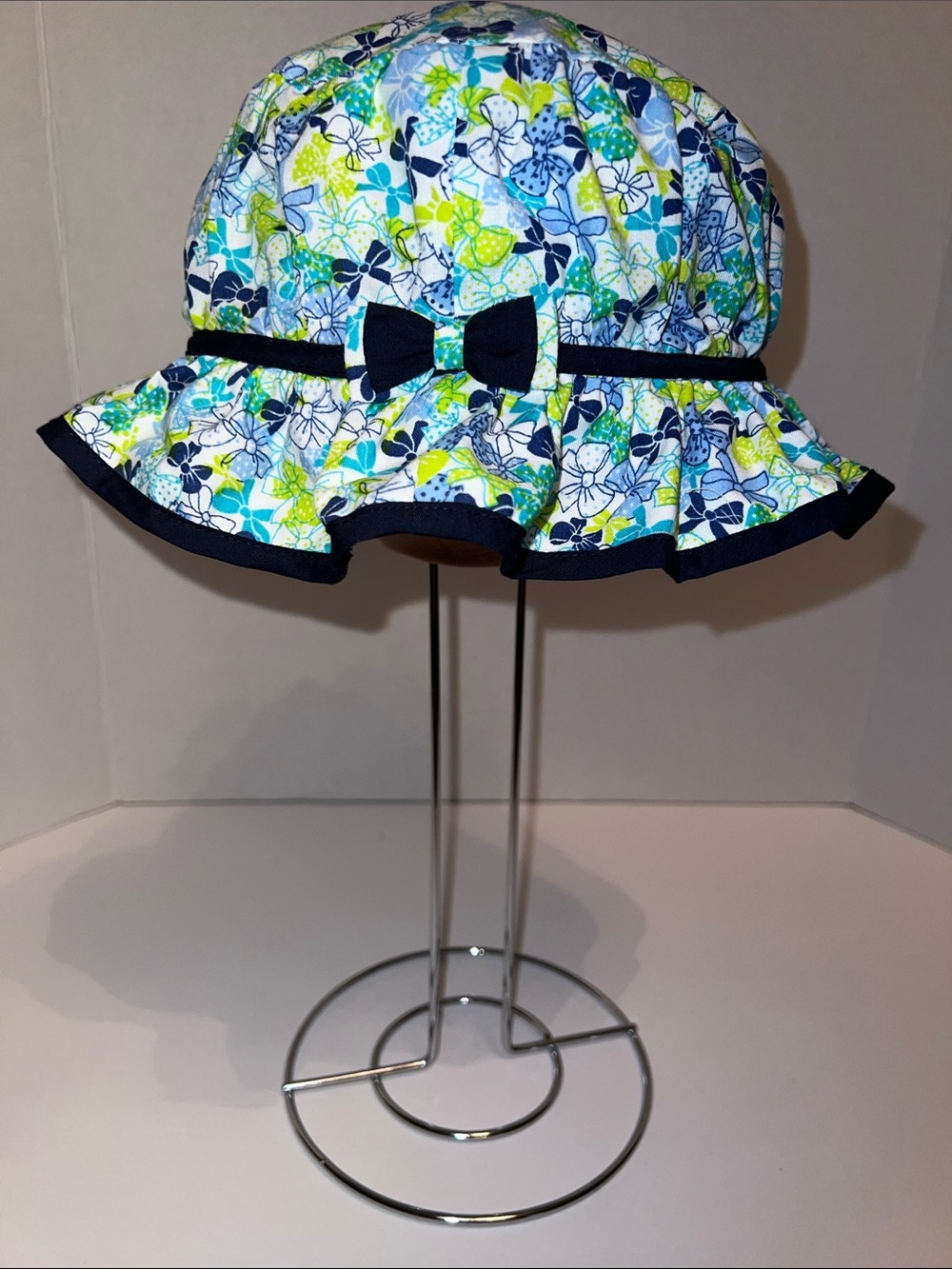 Sarah Louise Floral Ruffled Sun Hat/Bonnet with Bow - Blue, Teal & Lime
